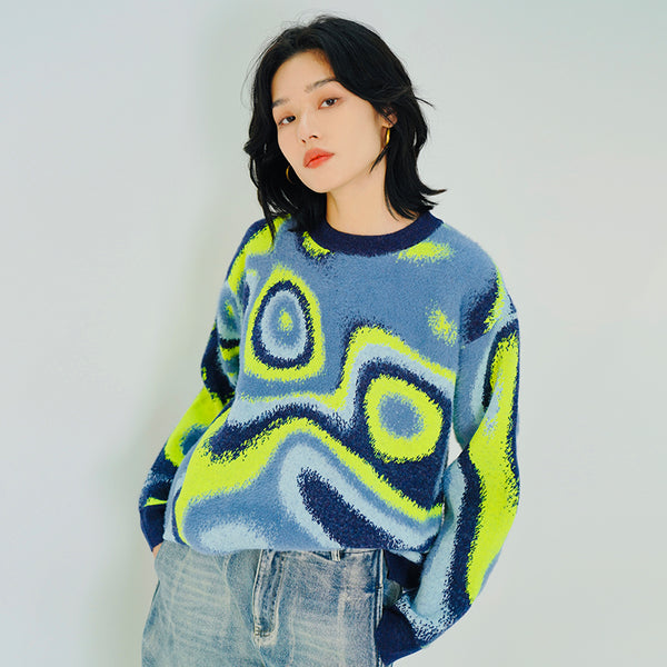 Loose Round Neck Print Pullover Sweater