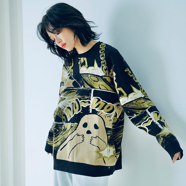 Loose Round Neck Print Pullover Sweater 213008